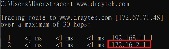 a screenshot of Windows command prompt running trace route to www.draytek.com